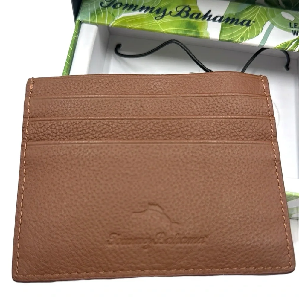 Tommy Bahama Tan Basket Weave Leather Card Case Slim Wallet Men's